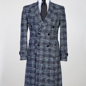 Men's grey plaid double breasted peak lapel winter jacket.